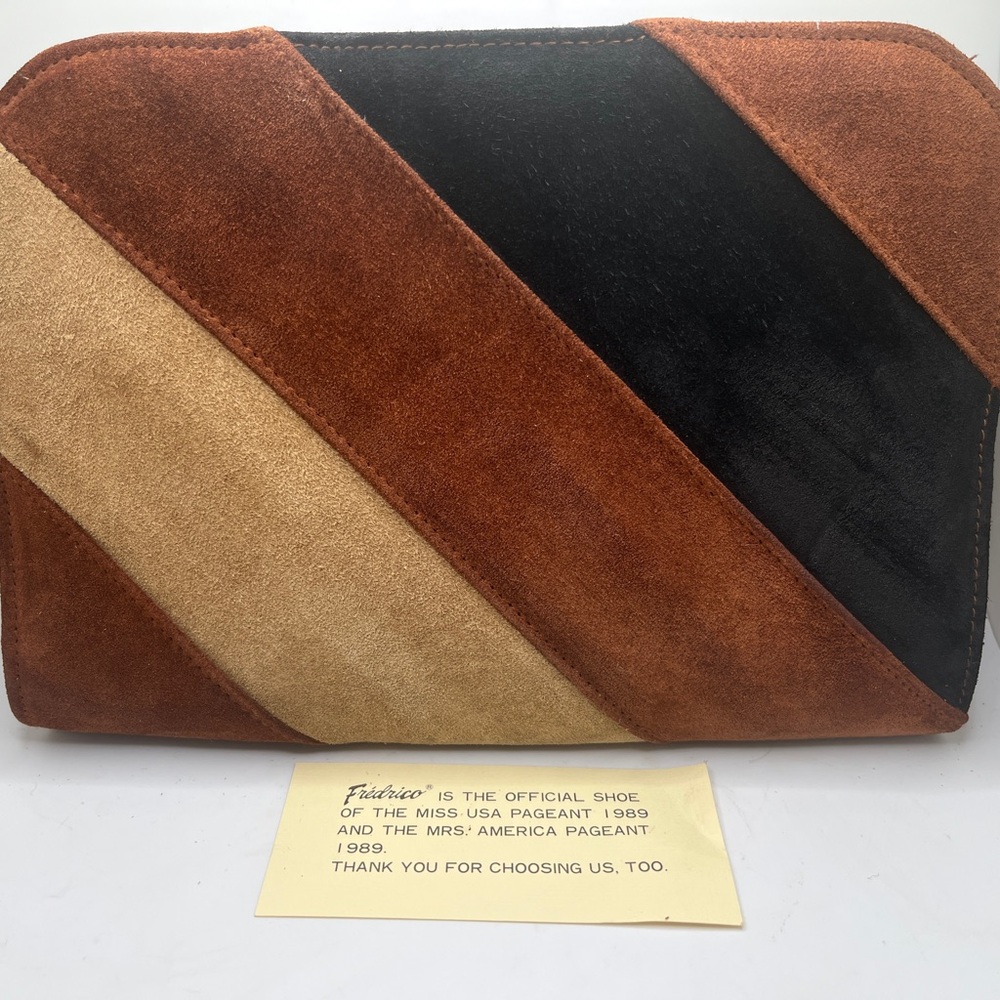 Vintage Fredrico Colorblock Diagonal Patchwork Suede Leather Clutch Bag Purse
